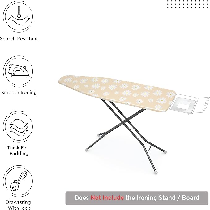 Encasa XO Ironing Board Cover and Pad 57"x22" - Thick 3mm Felt Padding, Drawstring Tightening & Lock, Easy Fit, Scorch & Stain Resistant, Fits X-Large Ironing Board - Daisy Beige