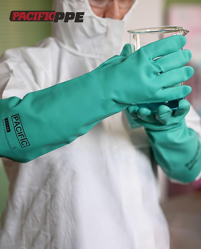 PACIFIC PPE 2 Pairs Chemical Resistant Nitrile Gloves, Resist Household Acid, Alkali, Solvent and Oil, 28 mil, 18", Large