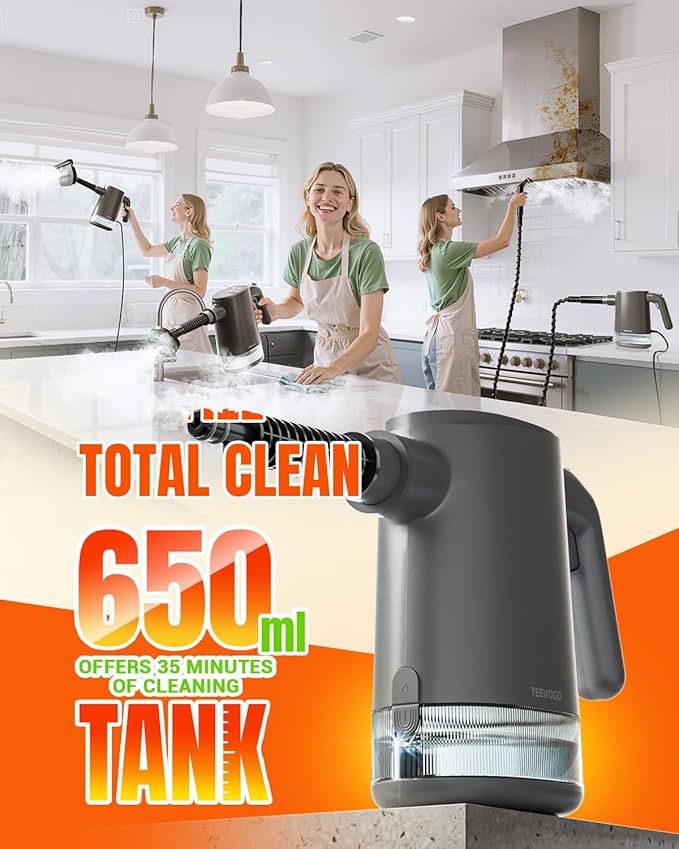 Handheld Steam Cleaner for Home, Portable Steamer Cleaner with 12 Accessories, 15S Fast Heat Up, Steam Adjustable, Steamer for Cleaning Grout, Floor, Kitchen, Bathroom, Windows, Black