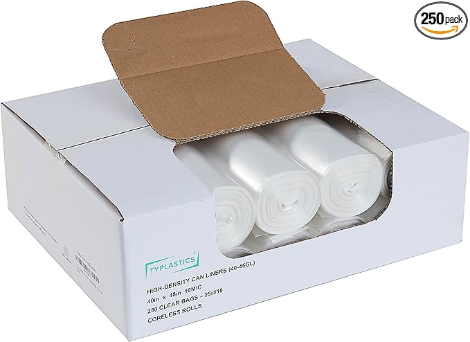 TYPLASTICS 40-45 Gallon Clear Trash Can Liners - 40" x 48" – High Density Garbage Bags - Case of 250 – Multipurpose for Office, Outdoor, Recycling, Industrial and Commercial