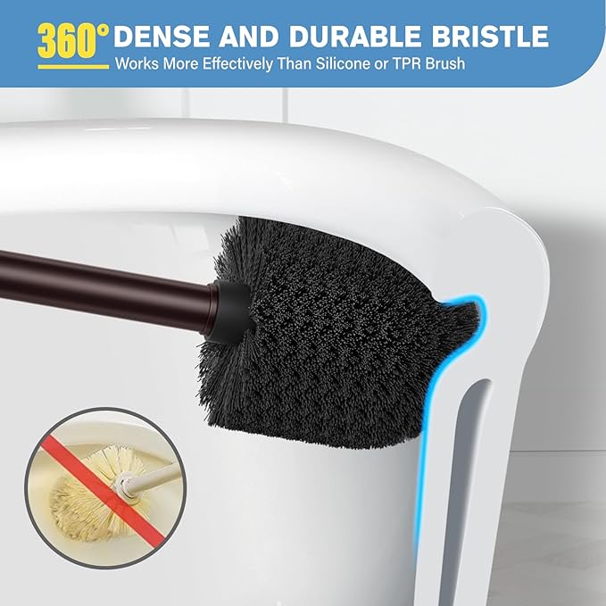 UPTRONIC Toilet Brush, Aluminum Alloy Toilet Brush and Holder Set with Extra Long Handle Durable Bristles Toilet Bowl Brush and Covered Holder for Toilet Scrubber for Bathroom Cleaning(Brown)