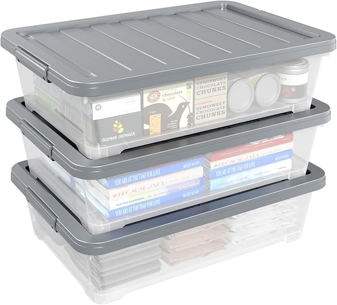 Readsky 3 Packs Large Clear Wheeled Latching Box, 40 L Plastic Underbed Storage Box with Gray Lid