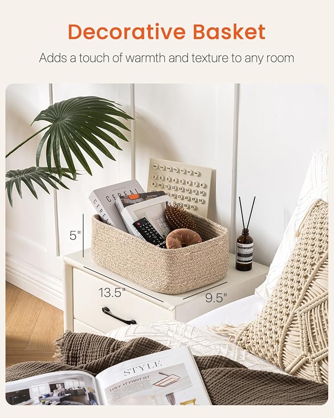 Small Woven Basket, 13.5 x 9.5 x 5 Inches, Storage Basket for Organizing, Cute Small Rope Shelf Closet Cube Storage Bins Baskets for Shelves, Dog Toy Gift Baskets Empty, 3 Packs, Mixed Brown