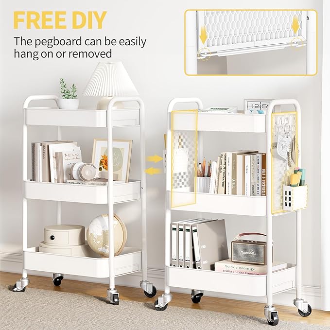 TOOLF 3 Tier Rolling Cart Storage Organizer, Metal Rolling Utility Cart with Wheels, Hooks & Bins Esthetician Craft Art Sturdy Storage with Pegboard for Bathroom, Kitchen, Office, Nursery Diaper