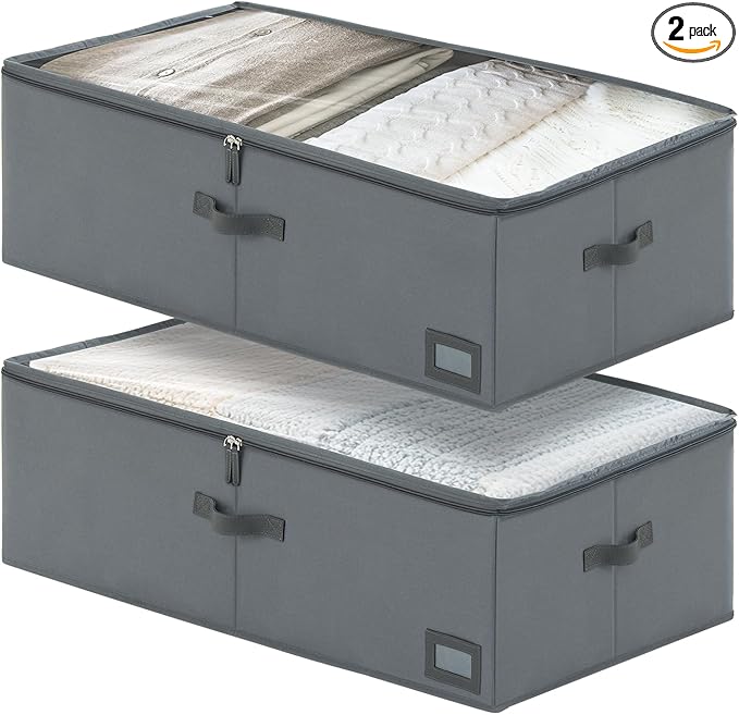 10-Inch Under Bed Storage Containers (2-Pack) | Sturdy Sidewalls | Clear Cover & Label Holder | Foldable Closet Organizer | Stores Clothing/Blankets/Sweaters/Sheets