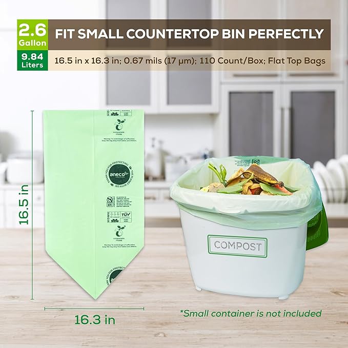 (Include 10 Bonus Bags) ANECO 100% Compostable Waste Bags 2.6 Gallon, Extra Thick Kitchen Small Compost Bags for Countertop Bin, 110 Count (100 + 10 Extra)