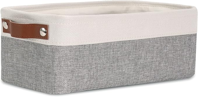 DULLEMELO Fabric Bathroom Storage Bin with Leather Handles, Narrow Organizer for Towels, Toilet Paper Rolls, Storage Basket for Back of Toilet, Vanities, Shelves & Cabinets (White&Gray)