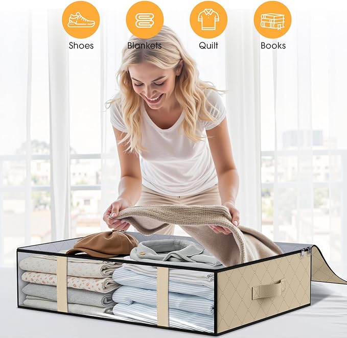 StorageRight Under Bed Storage Bins, 4-Pack 40L Foldable Fabric Storage Bags with Transparent Window, Breathable Organizer for Clothes/Blanket/Comforter/Quilts,Beige