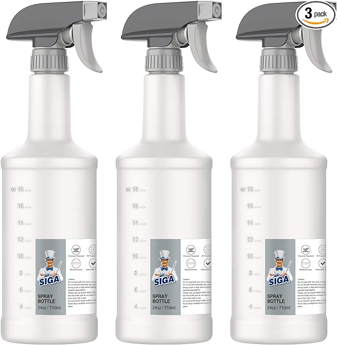 MR.SIGA 24 oz Empty Plastic Spray Bottles for Cleaning Solutions, Heavy Duty Household Reusable Spray Bottles with Measurements and Adjustable Leak Proof Nozzle, 3 Pack