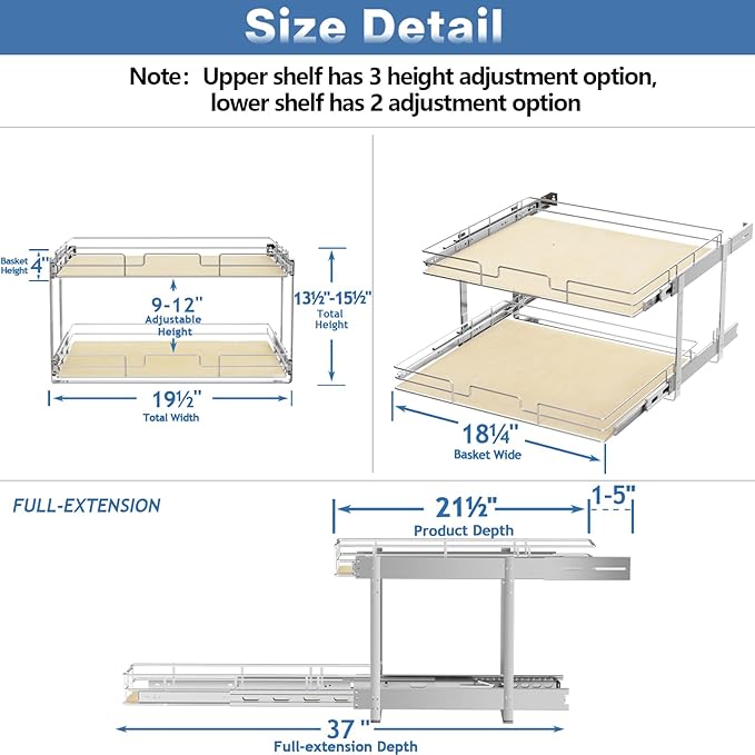ROOMTEC 2 Tier Individual Pull Out Cabinet Organizer 19½"W x 21½"D, Slide Out Wood Shelves Organizers, Pull Out Drawers Organization and Storage for Kitchen Cabinet