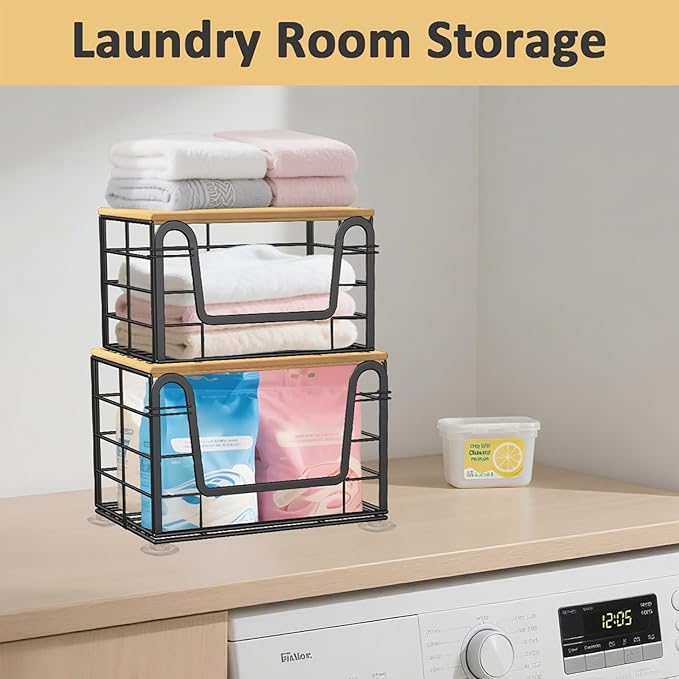 2 Pack Trash Bag Holder - Extra Large Stackable Storage for Kitchen Pantry Laundry Room Organization, Wall Mount Garbage Bag Dispenser with Bamboo Top for Under Sink Organizer, Fits 13/30/33 Gallons