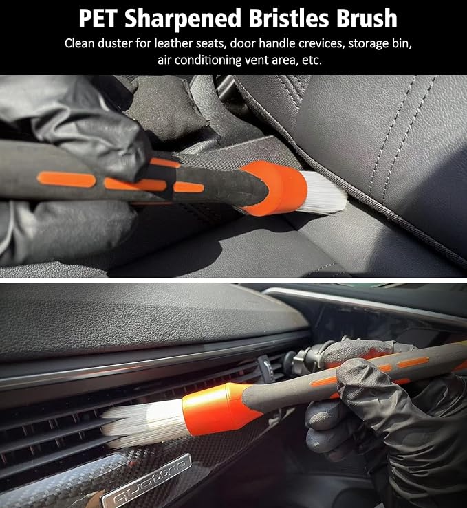 YeewayVeh 3pcs Car Detailing Brush Set, 1pc Boars Hair Detailing Brushes,1pc Ultra Soft Detail Brush for Air Vent Leather Seat, 1pc Scratch Free Car Detailing Brushes for Interior Exterior, Orange