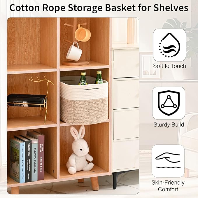 Woven Cotton Rope Storage Basket for Organizing, Cute Decorative Baskets for Gifts Empty, Organizer Bins for Dog Toy, Baby Laundry, 15“×11”×9.5“, Off White & Brown