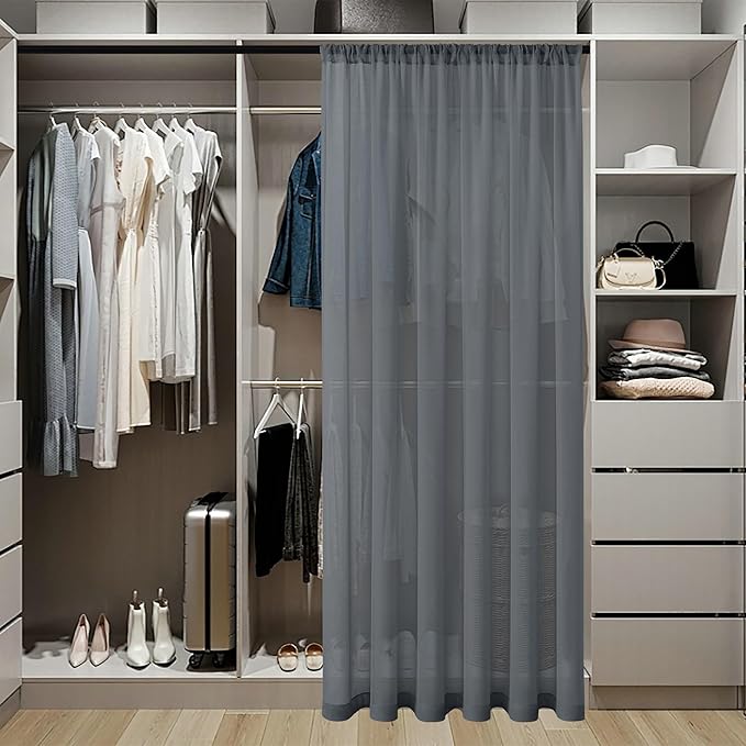 Tollpiz Sheer Door Curtain Closet Linen Textured Curtains Sheer Doorway Light Filtering Voile Patio Glass Door Rod Pocket Curtain French Door, 54 x 72 inches Long, Dark Grey, Set of 1 Panel