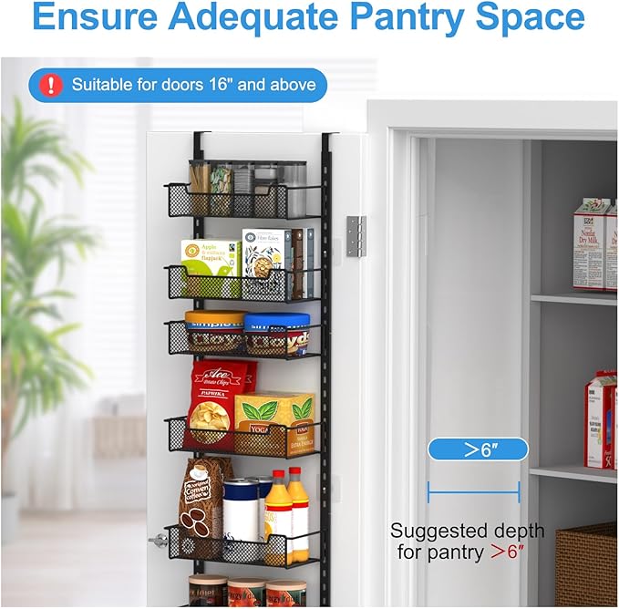 12.3" W Narrow Over the Door Pantry Organizer, 8-Tier Over the Door Organizer with Adjustable Basket, Pantry Door Organization for Pantry Kitchen Storage Room Spice Rack, Black