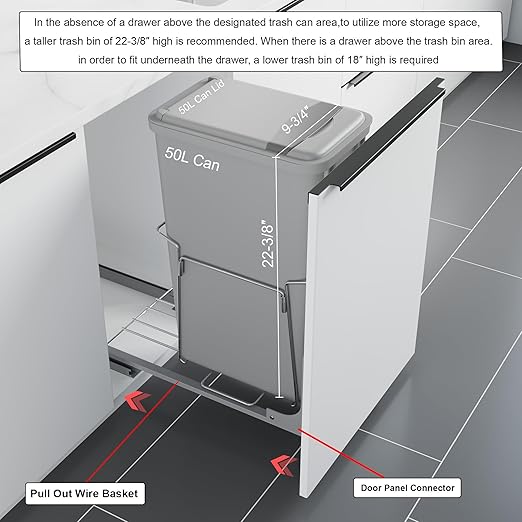Dowell B15 Aluminum Base Wastebasket Pullout with Door Mount and 50Qt/13Gal Plastic Bin (4012 0115+50)