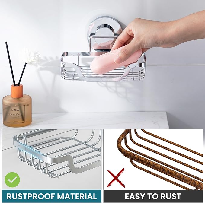 TAILI Soap Holder Bar Dish Suction Cup, Bar Shampoo Rack for Shower Wall, Draining Soap Saver Tray for Bathroom, Rustproof Stainless Steel Sponge Holder for Tub, Kitchen, Drill-Free, Silver