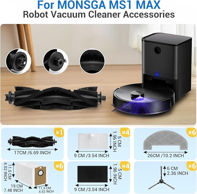 Bluevisk MS1 MAX Replacement Parts for For MONSGA MS1 MAX Robotic Vacuum Cleaner Parts with 1 Roller Brush, 4 HEAP, 6 Mop, 6 Dust Bags, 6 Side Brushes, 1 Clean Brush
