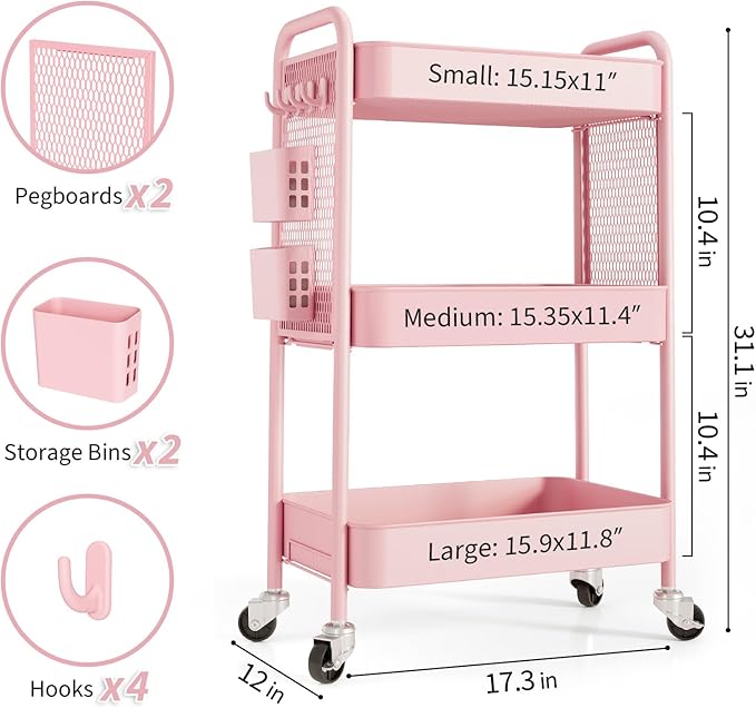 TOOLF 3 Tier Rolling Cart Storage Organizer, Metal Rolling Utility Cart with Wheels, Hooks & Bins Esthetician Craft Art Sturdy Storage with Pegboard for Bathroom, Kitchen, Office, Nursery Diaper
