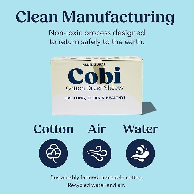 Cobi Eco-Friendly Dryer Sheets - 100% Cotton Biodegradable Non-Toxic & Unscented for Sensitive Skin, Clean Plant-Based Static Control, 120 Count