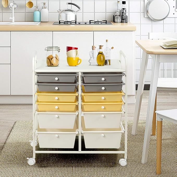 GOFLAME 12-Drawer Rolling Storage Cart, Multipurpose Organizer Cart with 2 Sizes Plastic Drawers, Mobile Utility Cart with Lockable Casters for School, Home Office, Beauty Salon, Yellow