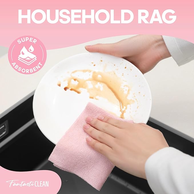 Fantasticlean Microfiber Cleaning Cloth Roll -60 Pack, Tear Away Paperless Towels, 8" x 8", Reusable Washable Rags, for Home Kitchen, Pet, Office, Indoor Outdoor, Compact and Portable (Pink)