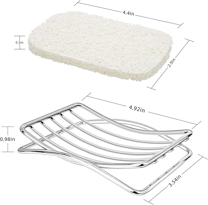 Soap Dish Stainless Steel Bar Soap Holder for Shower Bathroom, Self-draining Soap Dishes Sponge Holder for Kitchen Sink, Easy Cleaning Quick Dry with White Soap Saver