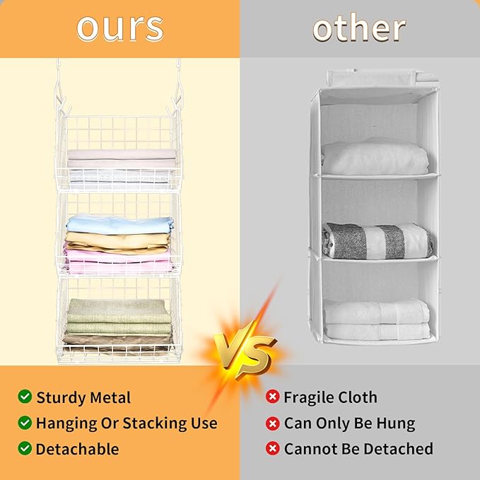 X-cosrack 3 Tier Foldable Closet Organizer, Clothes Shelves with 5 S Hooks, Wall Mount&Cabinet Wire Storage Basket Bins, for Clothing Sweaters Shoes Handbags Clutches Accessories-White Patent Design