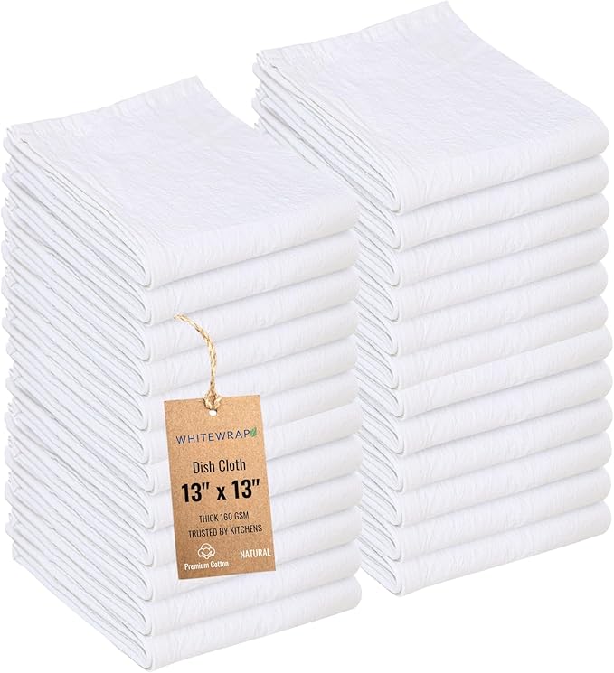 WHITEWRAP Dish Cloths Cotton| Kitchen Wash Cloth| Shop Towels Absorbent and Lint Free Flour Sack| Dishcloths for Kitchen Washing Dishes|Thick Absorbent Quick Dry Dish Rags | 24 Pack 13"x13" Natural