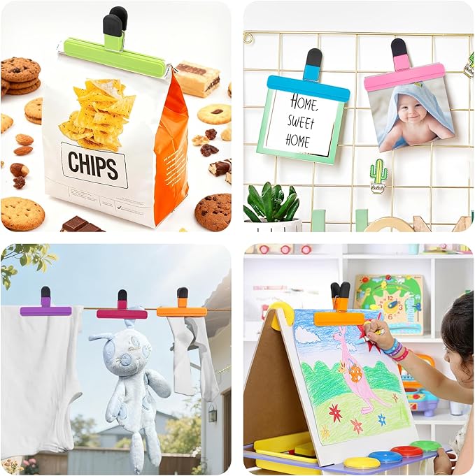 OWLKELA Chip Clip, 6 Pack Colors Wide Open Bag Clips for Food Storage, Heavy Duty Seal Grips Plastic Food Clips for Snack, Food Packages (6 inch x 3.4 inch)