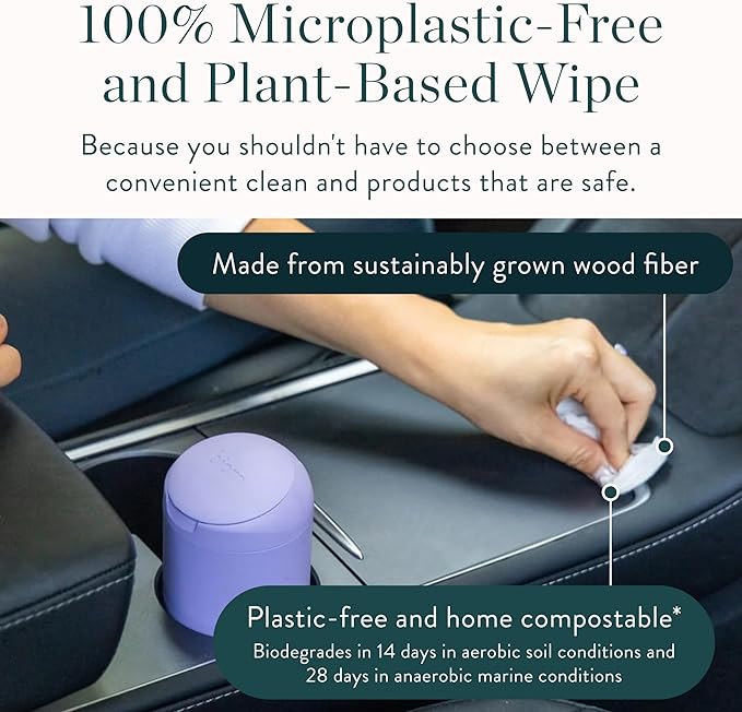 Biom Mini Dispenser + All-Purpose Wipes Starter Kit - Grapefruit Scented Cleaning Wipes | Fits in Car Cup Holder | Biodegradable Plant-Based Cleaner | Kid & Pet Friendly, Natural, Non-Toxic (Lilac)
