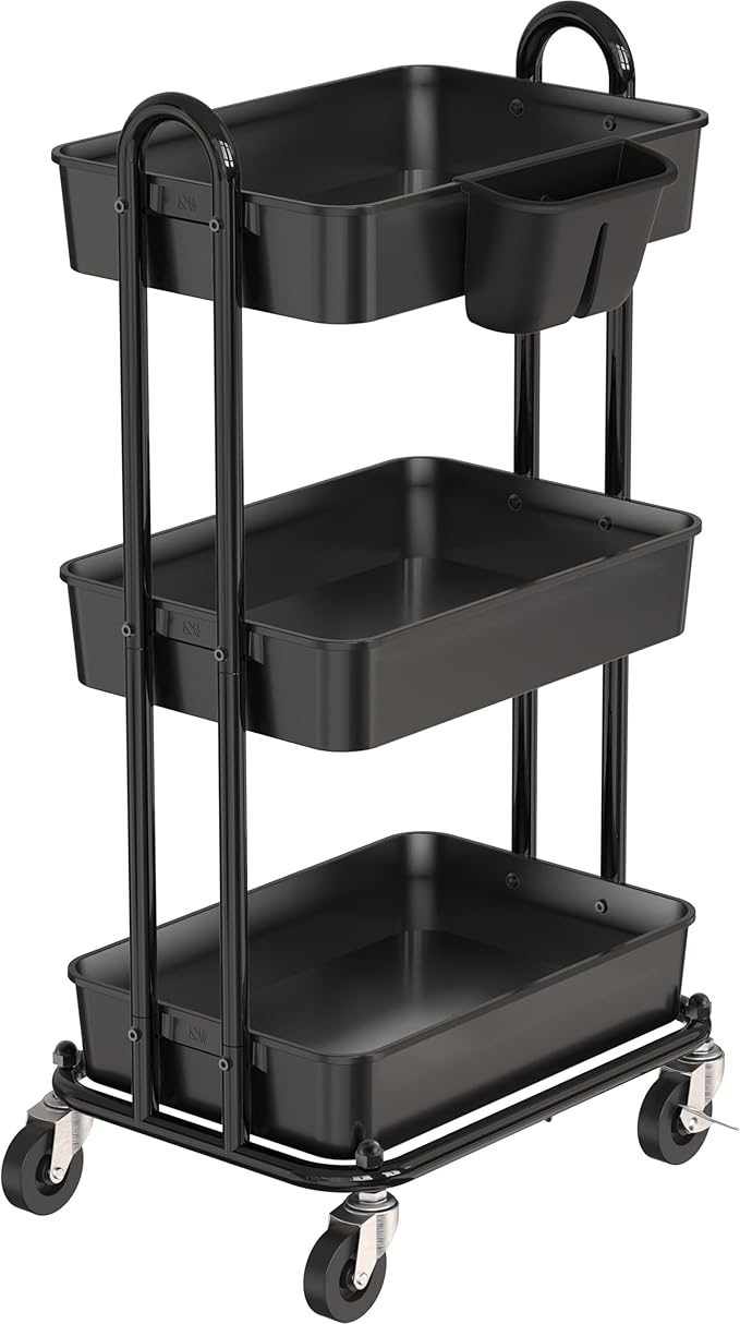 Simple Houseware 3-Tier Multifunctional Rolling Utility Cart with Hanging Bucket, Black