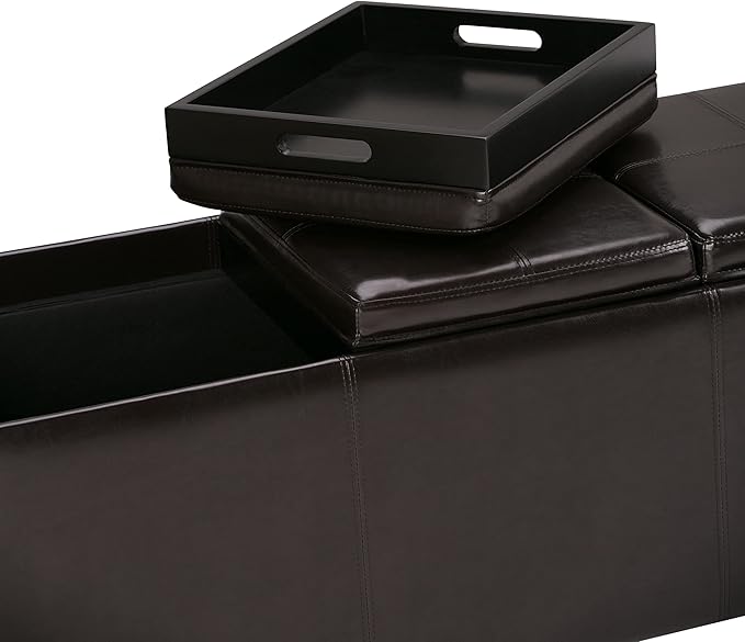SIMPLIHOME Avalon 42 inch Wide Contemporary Rectangle Storage Ottoman in Tanners Brown Vegan Faux Leather, Assembled, for the Living Room, Entryway and Family Room