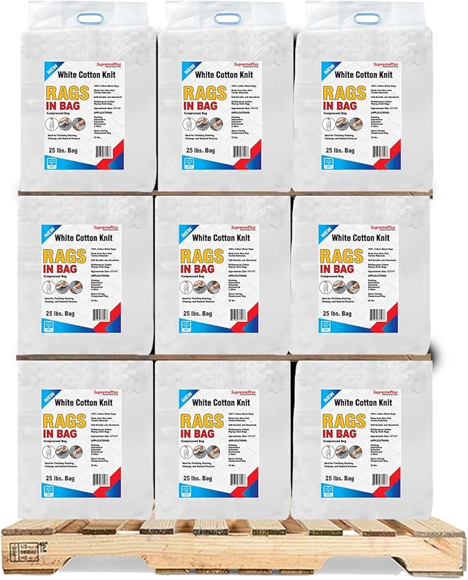 Premium White T-Shirt Cleaning Rags (600 lbs. Pallet 24x25 lbs. Bag of Rags) – White Cotton Rag for Cleaning, Staining, Painting, Oil, Grease & Dust Removal – Shop Rags Bulk