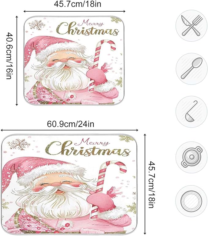 Christmas Santa Claus Pink Dish Drying Mat for Kitchen Countertop 16x18 Xmas Candy Cane Snowflake Small Drying Mat Reusable Quick Dry Dish Sink Mats Easy Clean Decorative Essentials