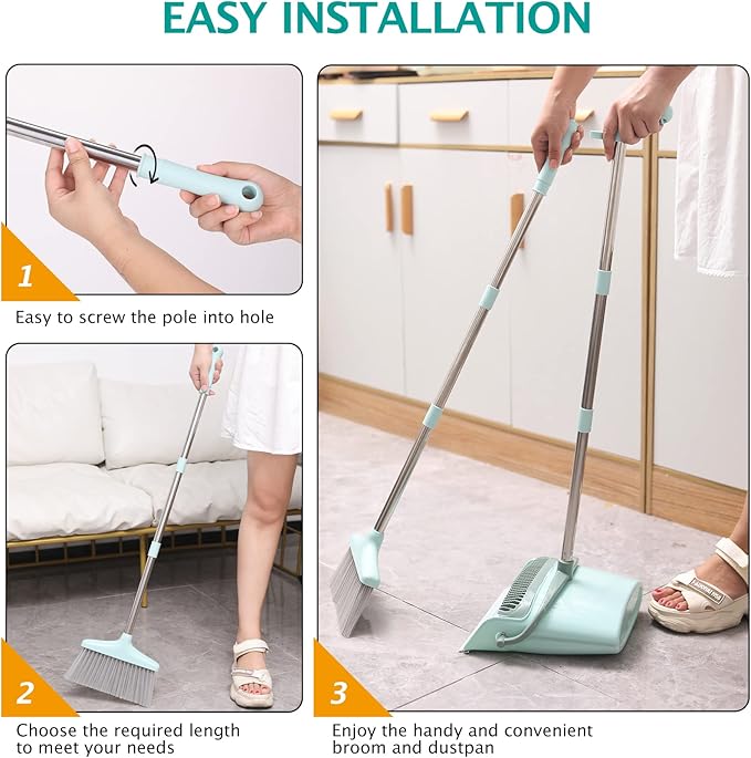 XXXFLOWER Broom and Dustpan Set with Cleaning Teeth, 55" Long Handle Indoor Sweeping Combo for Home Office Kitchen, Bluish Green