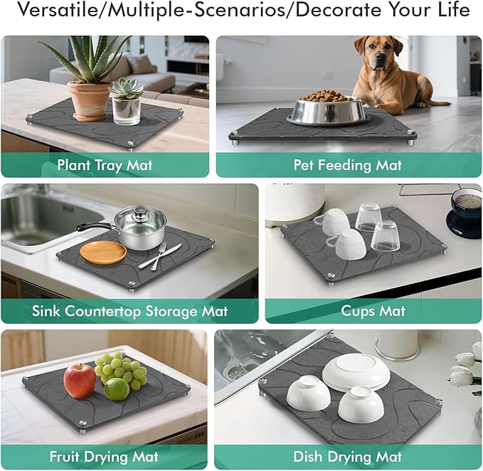 Stone Drying Mat For Kitchen Counter Superb Absorbent Diatomaceous Earth Mats with Non-Slip Feet Quick Dry Stone Dish Drying Pad Dish Pad Multi-Purpose(Flow Line-DarkGrey, 15.7" x 11.8")