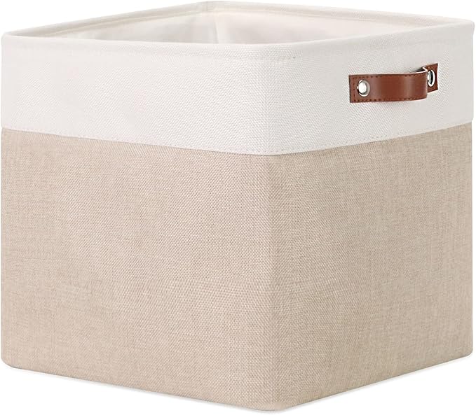 DULLEMELO Cube Storage Bin 13x13,Collapsible Fabric Storage Cube for Organizing,Cubby Storage Basket for Shelves,Closet,Laundry,Nursery,Toys,Clothes (White&Khaki)