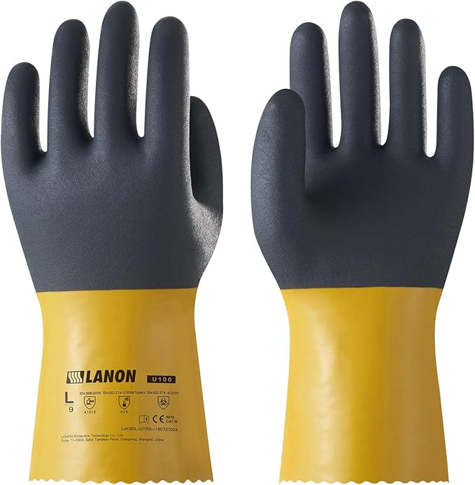 LANON PVC Chemical Gloves, Thick Rubber Work Gloves, Heavy-Duty, EN 374/388, Acid, Alkali and Oil, Non-Slip, Large