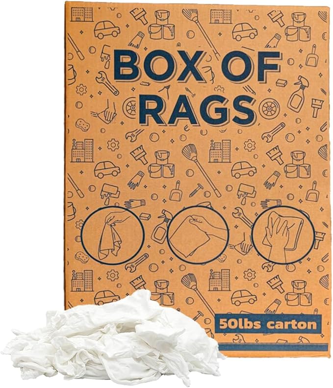 Premium White Knit (50 lbs. Box of Rags) Cotton T-Shirt Cloth Wiping Rags - Shop Cleaning Tshirt Cloths in a Box, Staining & Finishing Rag for Auto, Grease, Paint & Wood