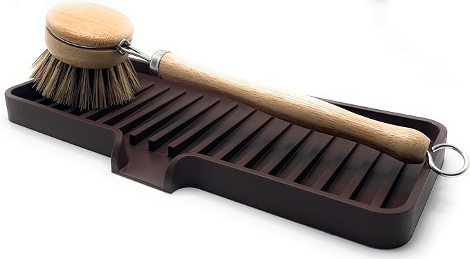 Happitasa Silicone Soap Dish Tray and Sponge Holder with Drain Chute | Bathroom and Kitchen Sink Organizer Caddy (Dark Chocolate, 9"x3.5", 5.6 Ounces)