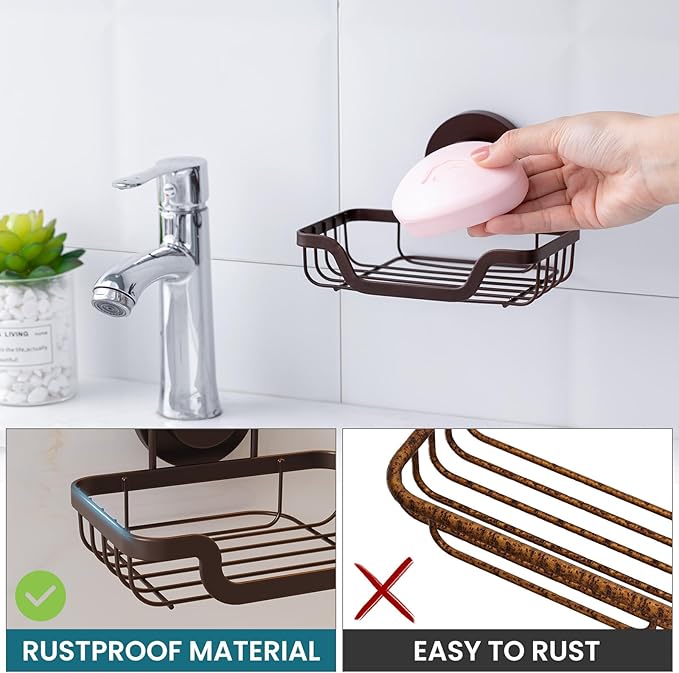 TAILI Soap Holder Bar Dish Suction Cup, Bar Shampoo Rack for Shower Wall, Draining Soap Saver Tray for Bathroom, Rustproof Stainless Steel Sponge Holder for Tub, Kitchen, Drill-Free, Brown