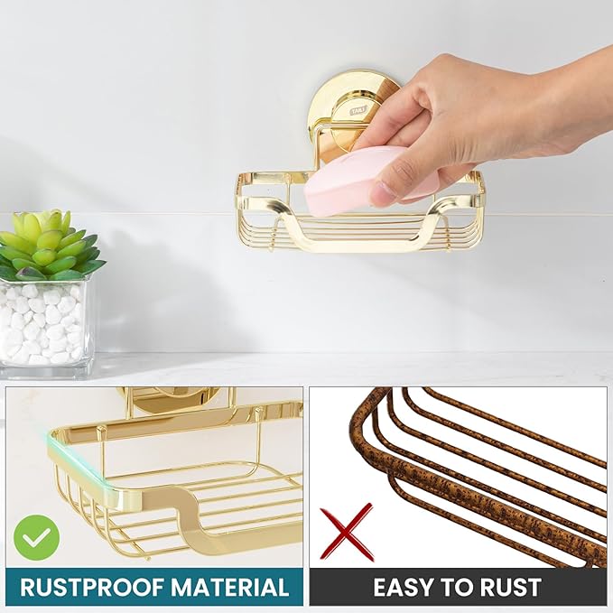 TAILI Soap Holder Bar Dish Suction Cup, Bar Shampoo Rack for Shower Wall, Draining Soap Saver Tray for Bathroom, Rustproof Stainless Steel Sponge Holder for Tub, Kitchen, Drill-Free, Gold