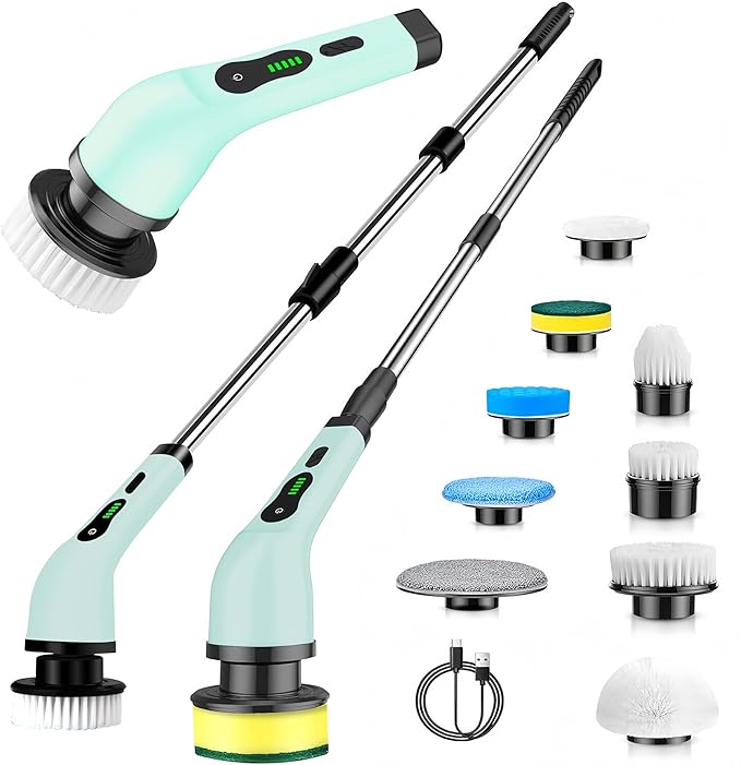 Cordless Electric Spin Scrubber, Hands-Free Shower Cleaning Tool with 9 Attachments & Extension Handle, IPX7 Waterproof for Tub, Tile Grout, Bathroom, Car, Floor - No More Back Pain (Green)
