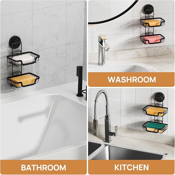 LEVERLOC 2 Tier Soap Holder, Soap Bar Dish for Shower Wall Mounted, Stainless Steel Suction Cup Sponge Holder for Bathroom Bathtub Kitchen Sink, Waterproof, Removable, Keep Dry, Black
