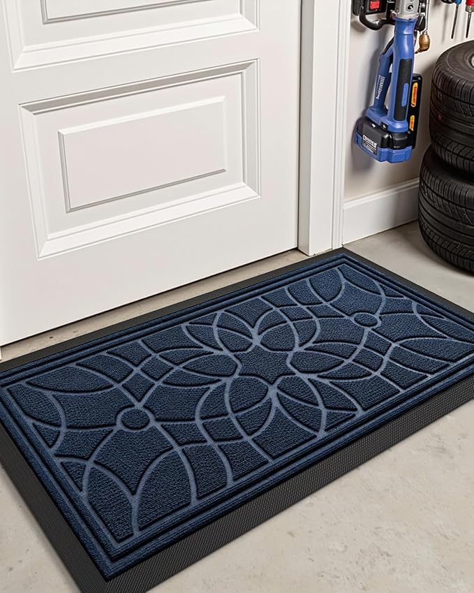 DEXI Front Door Mat Outside Entrance, Heavy Duty Non Slip Low Profile Doormat for Entryway, Trap Dirt and Moisture Welcome Mats, Easy Clean, Patio, Garage, 4x2, Blue