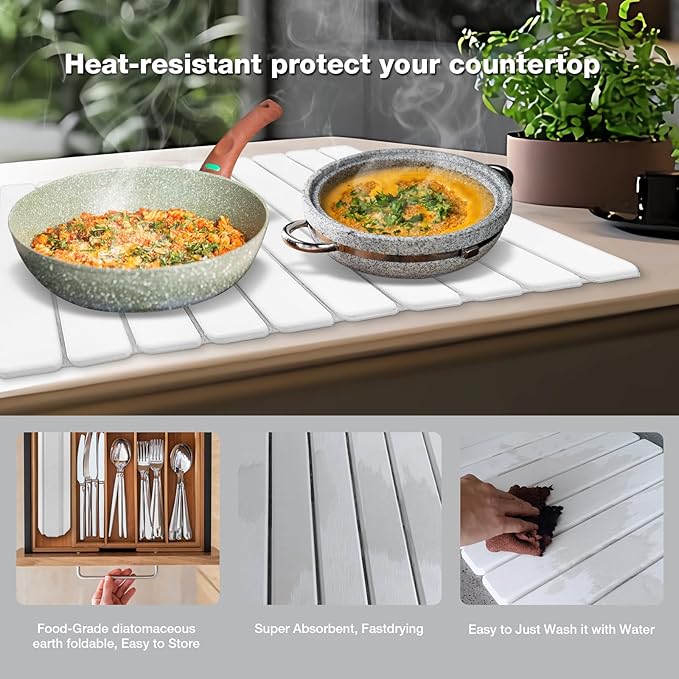 Diatomaceous Earth Stone Dish Drying Mat for Kitchen Counter – 24”x16”, Non-Slip Quick-Dry Surface, Sleek Foldable Design & Collapsible Storage, White