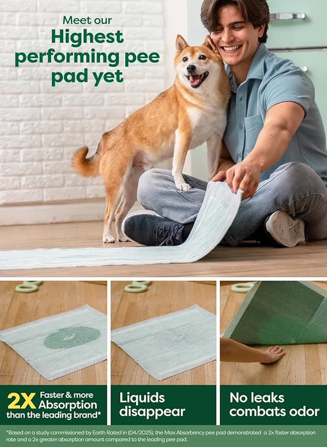 Earth Rated Max Absorbency Puppy Pee Pads for Dogs Absorbs 2X Faster & 2X More, Leak-Proof Odor-Free Potty Training Wee Wee Pad, Unscented, 3XL, 36” x 36”, 24 Count