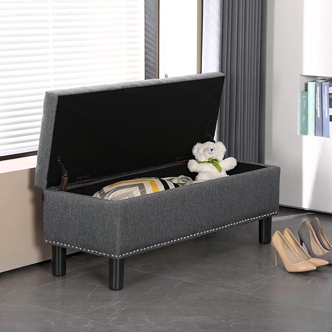 Furnimart 42.5 Inch Storage Ottoman Bench, Flip Top End of Bed Storage Bench, Upholstered Blanket Bench for Bedroom, Entryway, Living Room, Tufted Linen (Dark Grey)