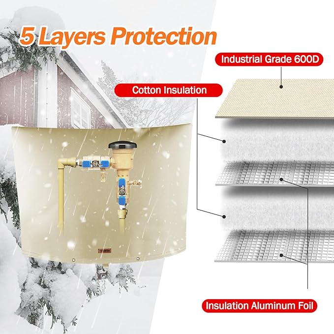 TOHONFOO Backflow Preventer Pipe Insulation Cover (5°F) - Irrigation Sprinkler Valve Insulated Pouch - Water Well Pump Cover - Sturdy 5 Layers for Winter Freeze Protection, 38" W x 24" H, Beige